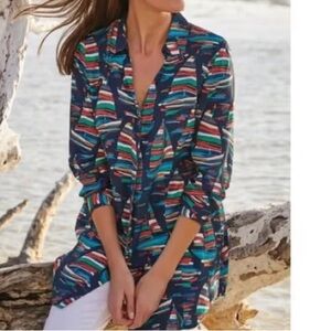 Soft Surroundings Striped Sailboat Button-Up Shirt